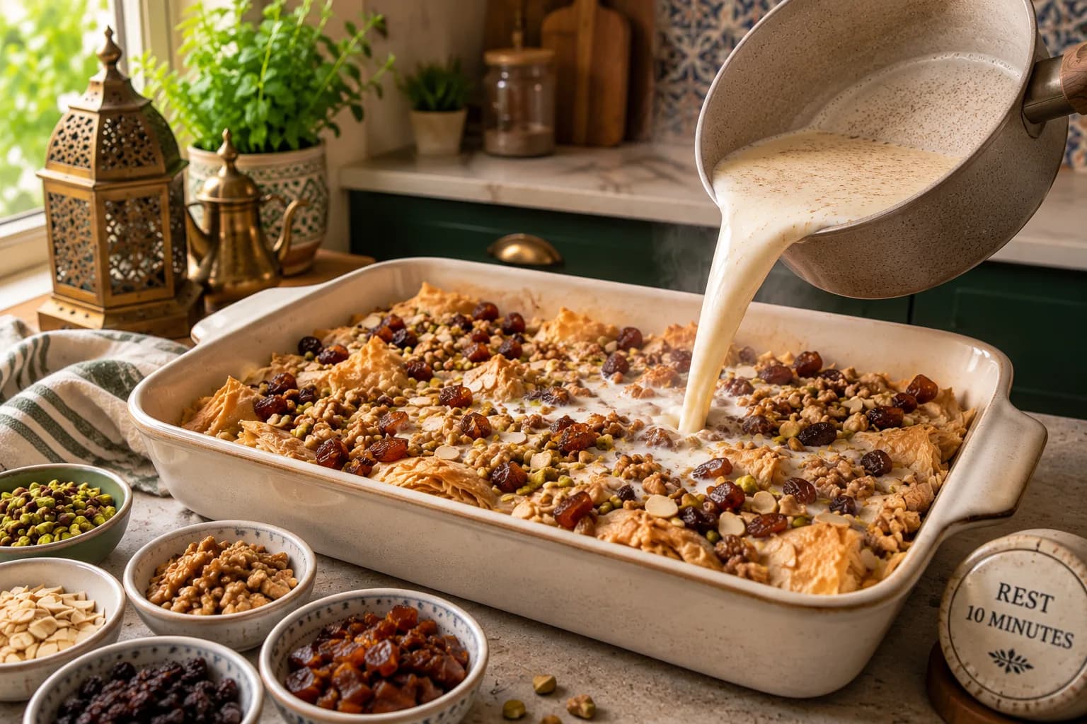 Warm spiced milk being poured evenly over puff pastry, dates, raisins, and nuts before the 10-minute resting period.