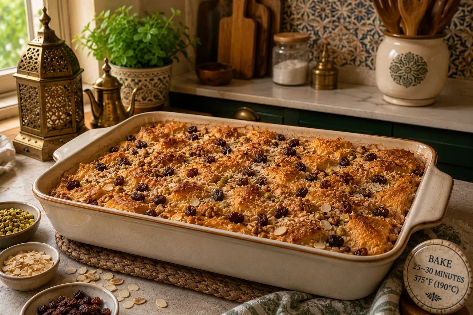 Om Ali baking until the pastry topping becomes golden and the milk pudding underneath is set.