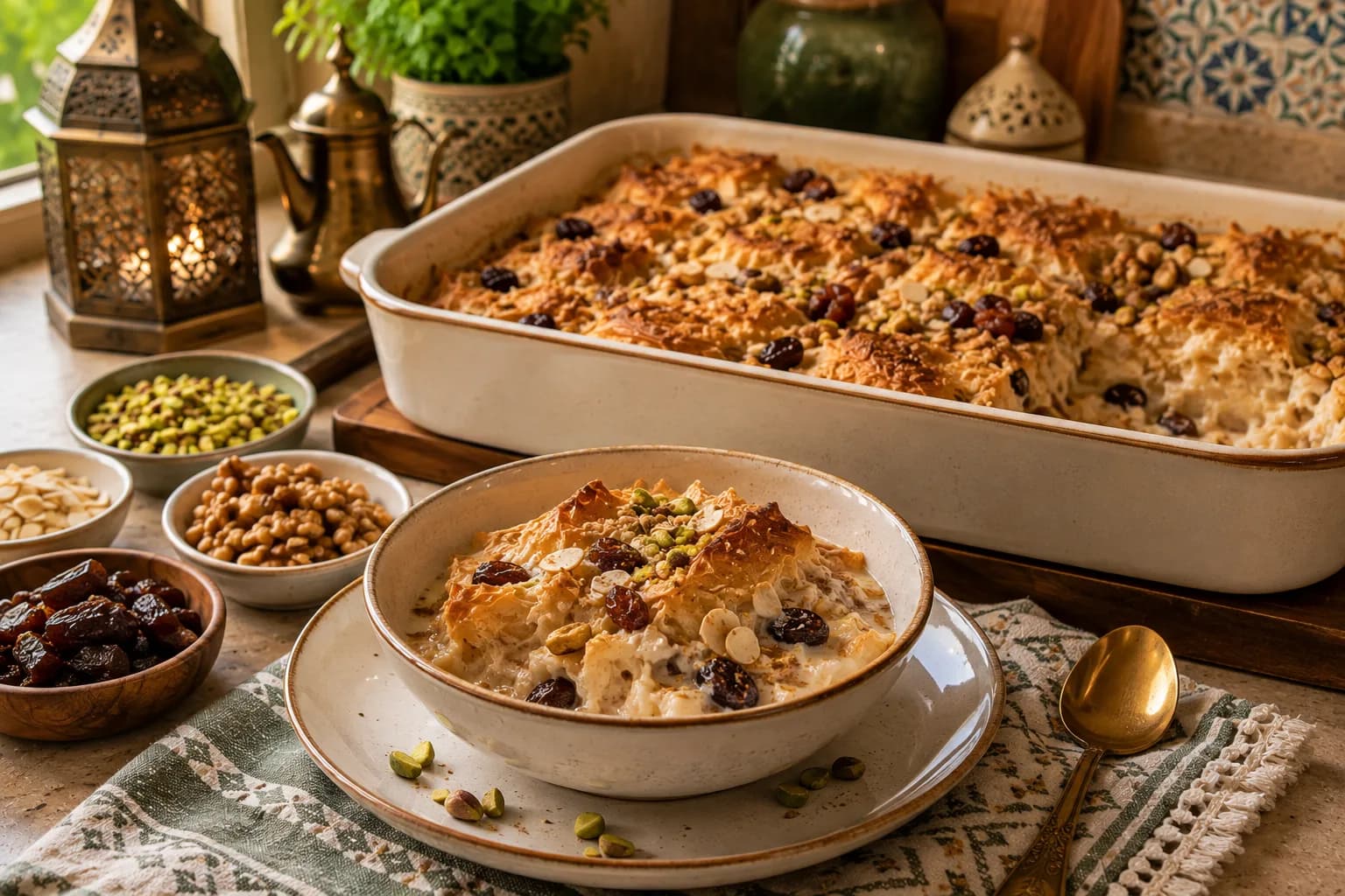Warm golden Om Ali served in portions with visible pastry, dates, raisins, pistachios, almonds, walnuts, and cinnamon.