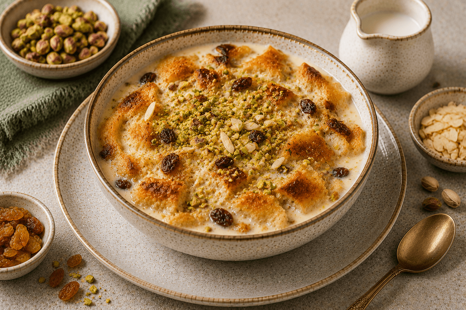 Healthy Egyptian Om Ali baked until golden and topped with pistachios, almonds, raisins, and cinnamon.