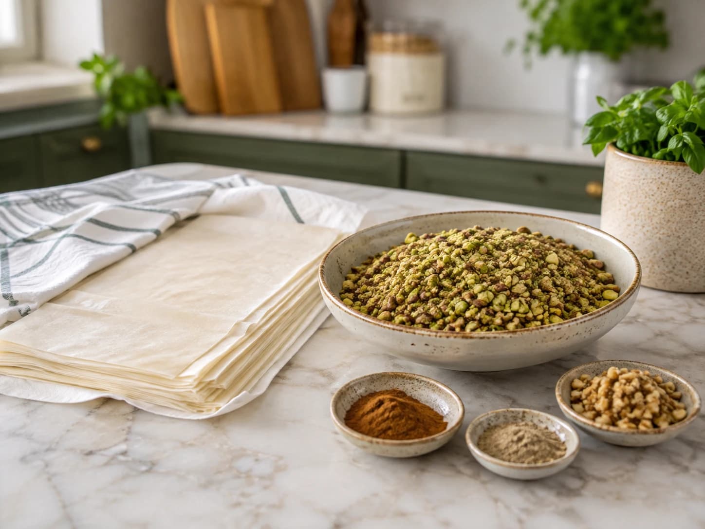 Thawed whole wheat phyllo sheets covered beside a bowl containing chopped pistachios, walnuts, cinnamon, and cardamom.