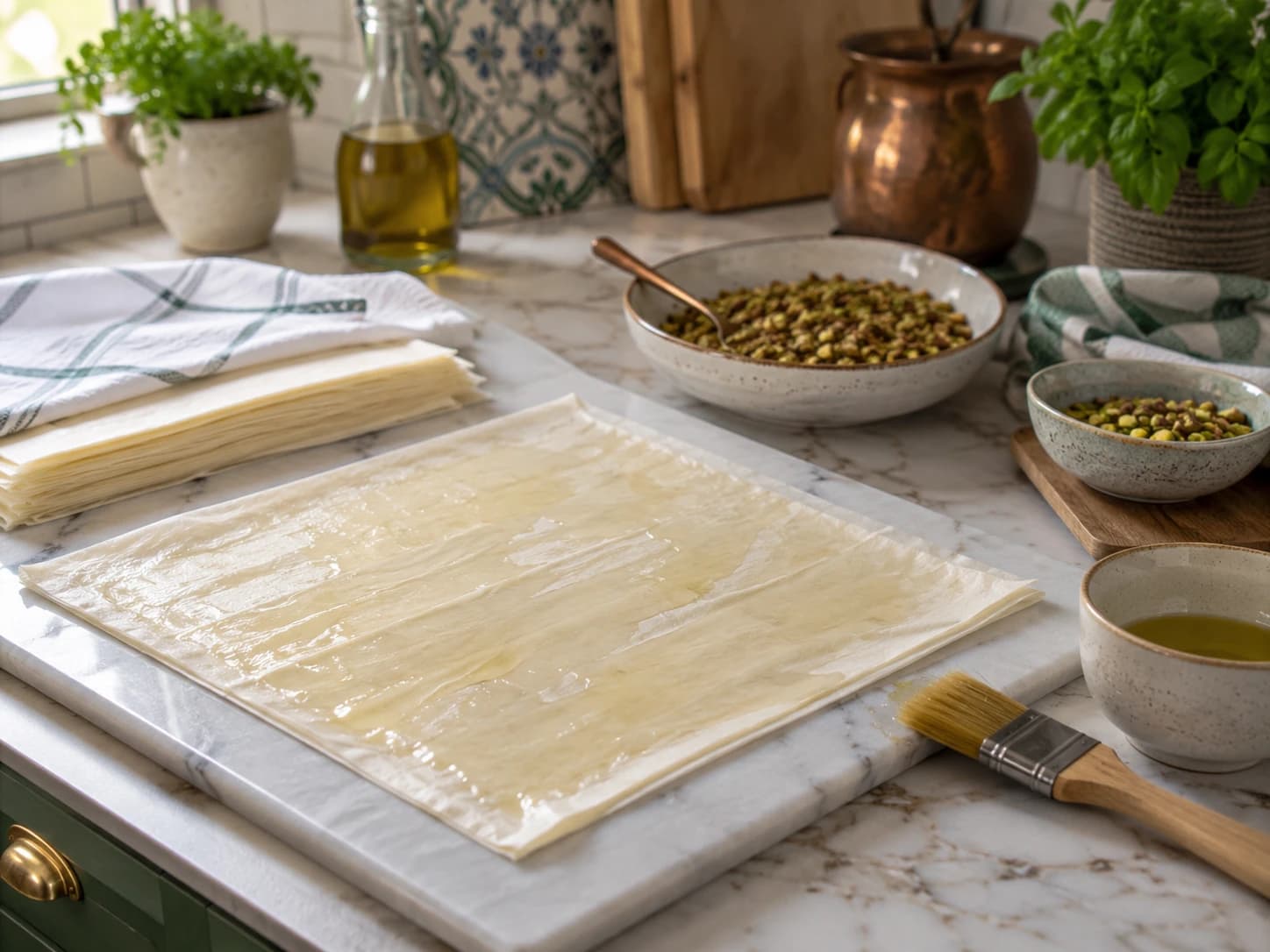 Two sheets of whole wheat phyllo layered together and lightly brushed with extra virgin olive oil.