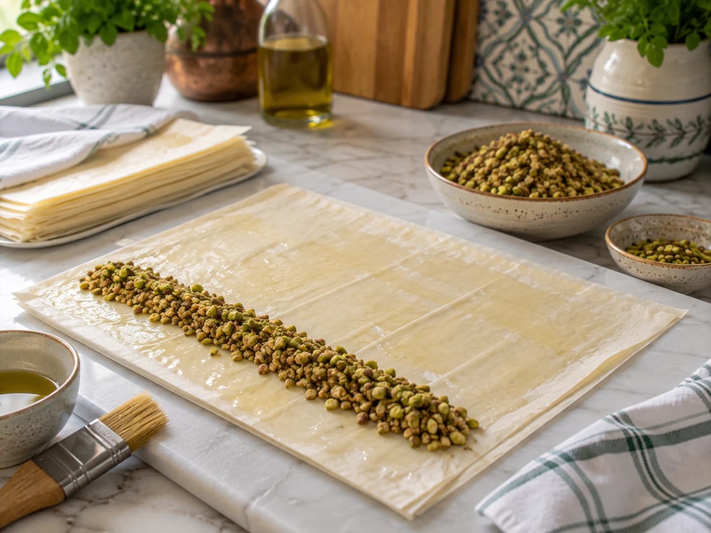 A thin line of pistachio and walnut filling placed along the long edge of a two-sheet phyllo layer.