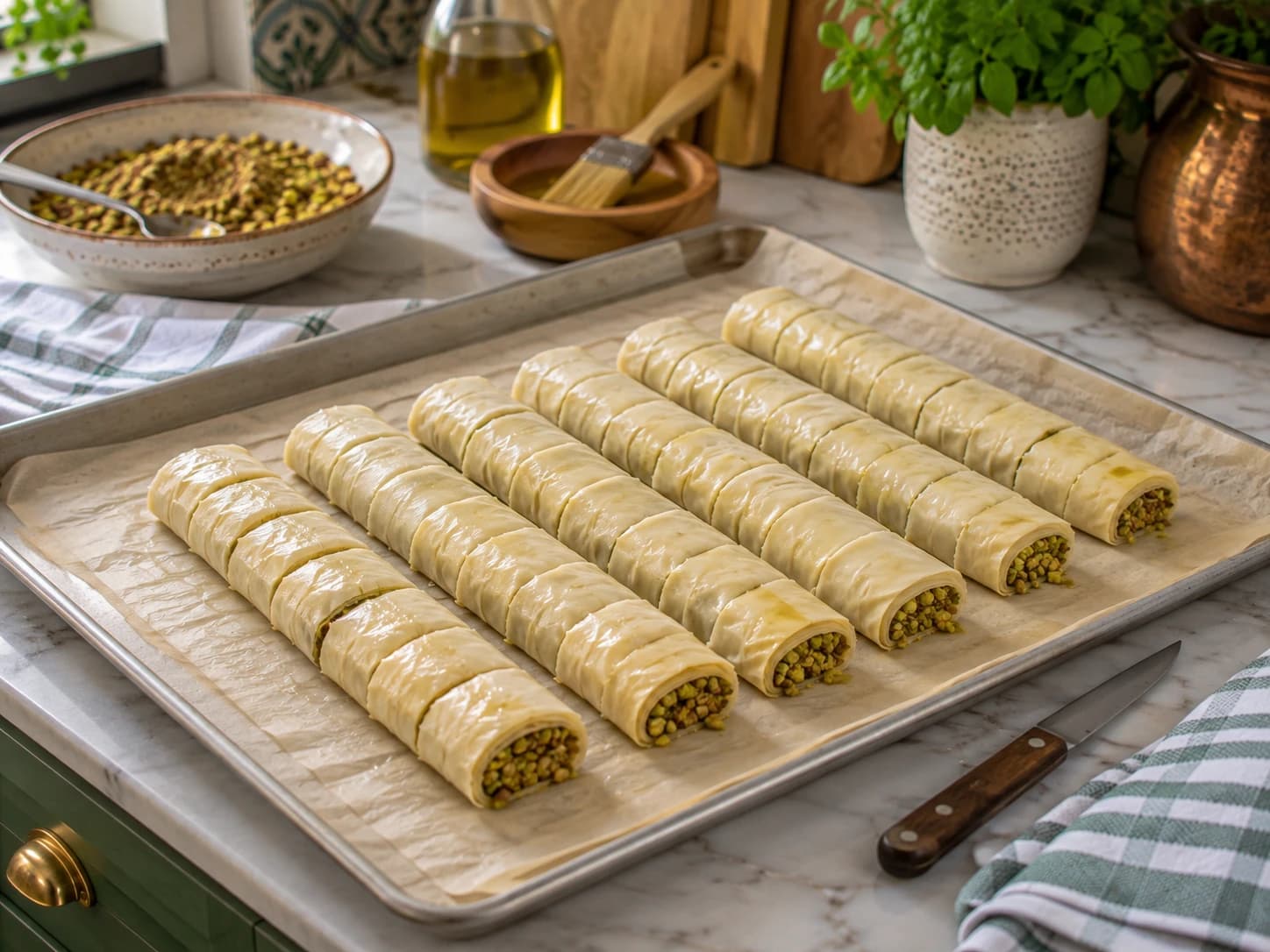 Six rolled phyllo baklava logs arranged seam-side down on a parchment-lined tray and divided into individual portions.