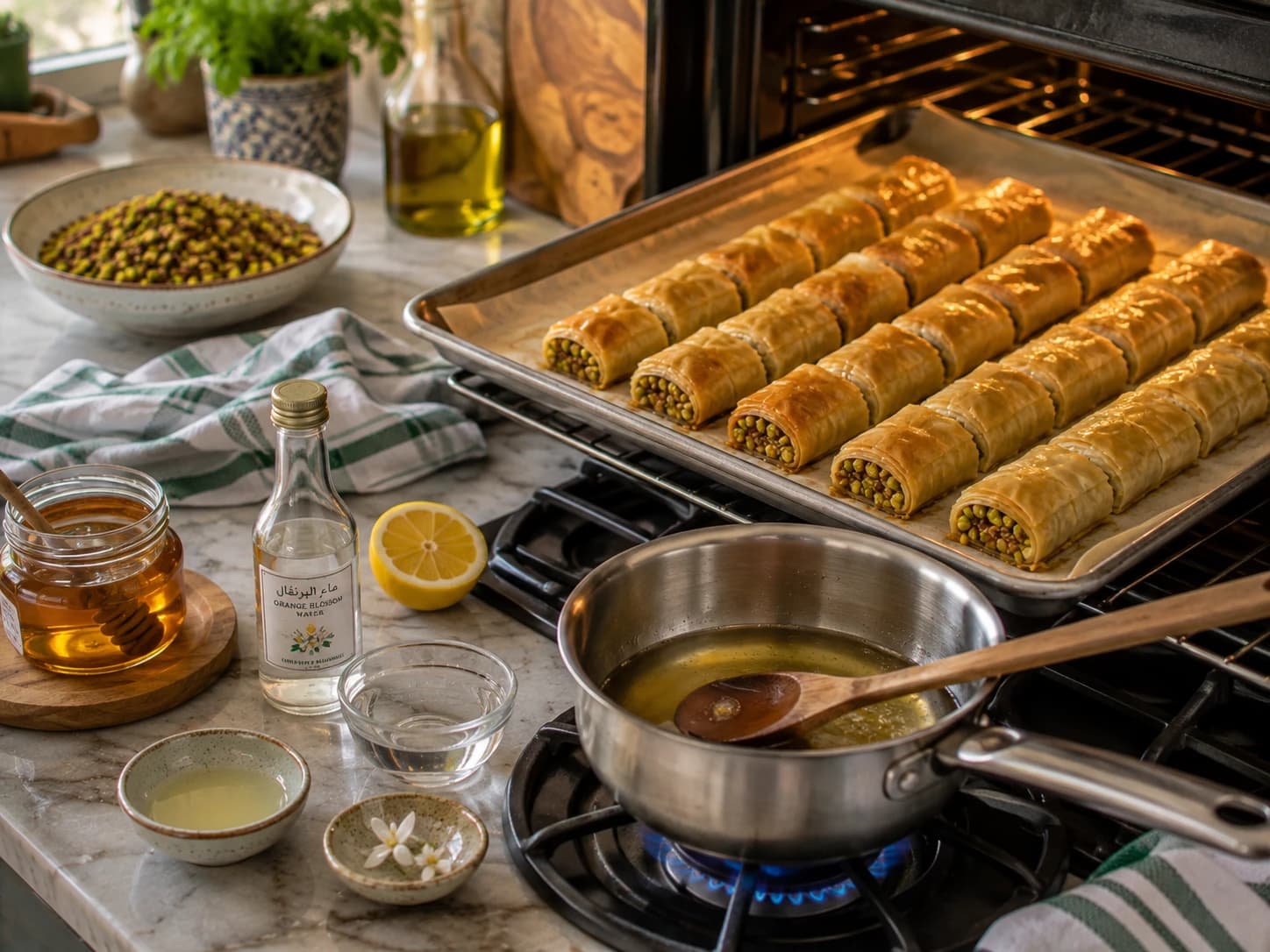 Golden pistachio baklava rolls baking while a small saucepan holds a light honey, lemon, and orange blossom syrup.