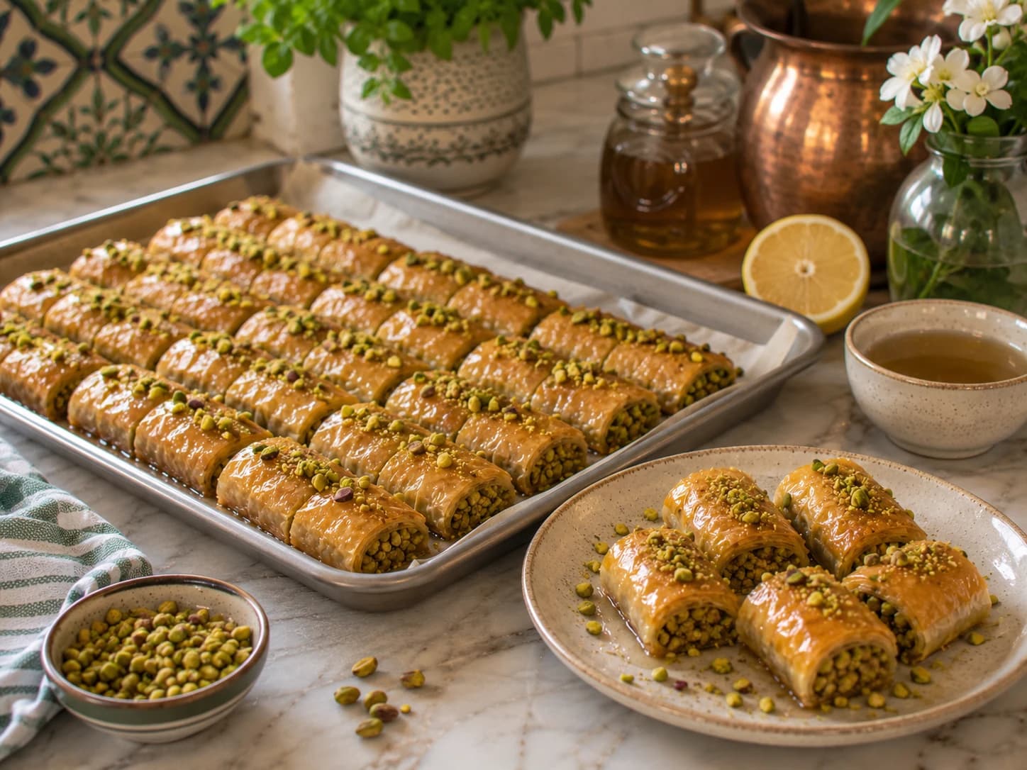 Golden pistachio and walnut baklava rolls made with whole wheat phyllo, finished with a light honey-orange blossom syrup and chopped pistachios.