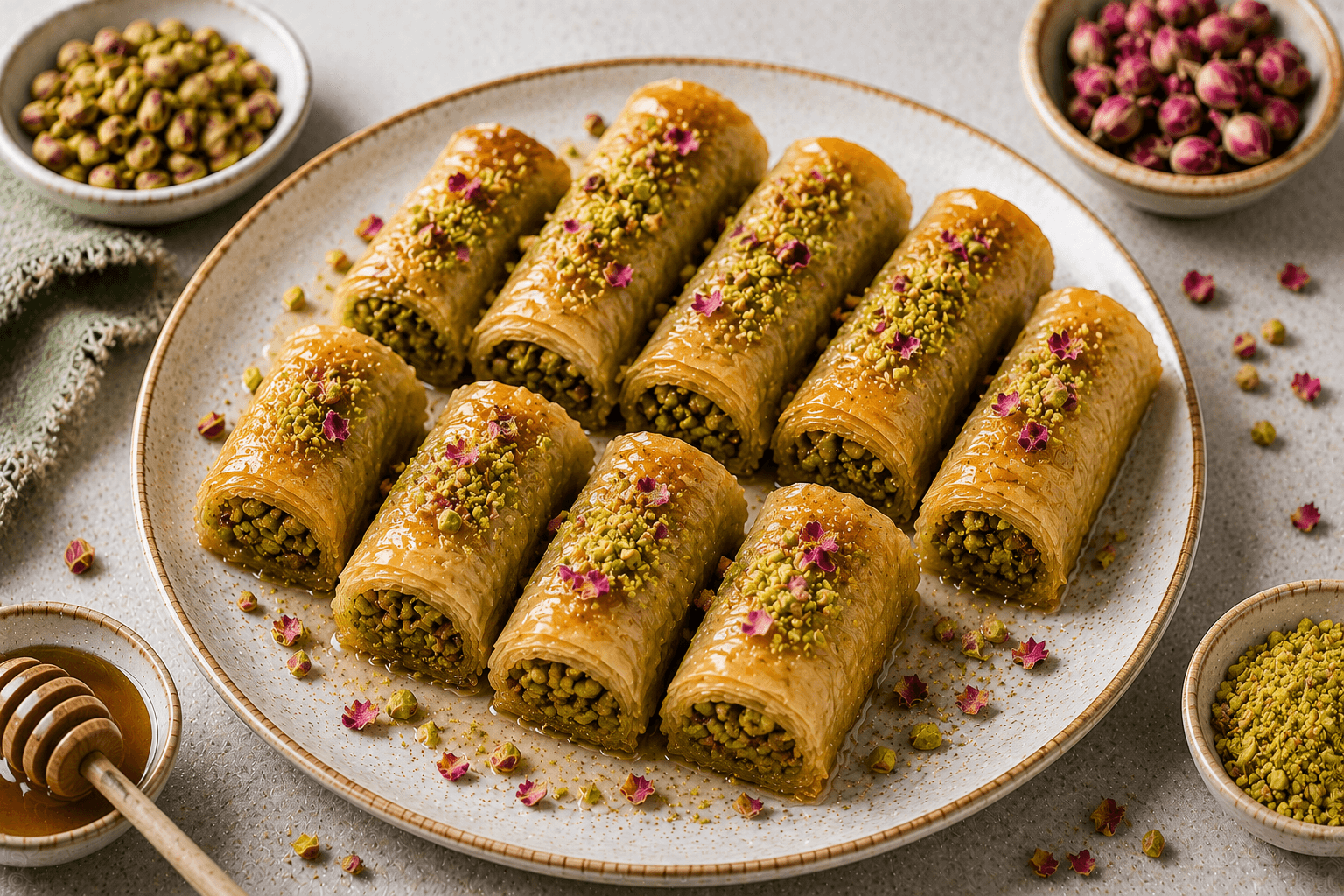 Healthy pistachio baklava rolls topped with chopped pistachios and a light honey drizzle on a serving platter.