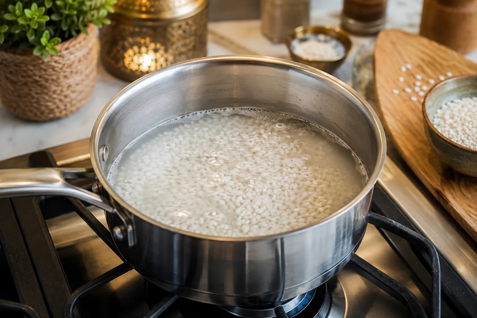 Short-grain white rice cooking gently in water until swollen and tender in a saucepan.