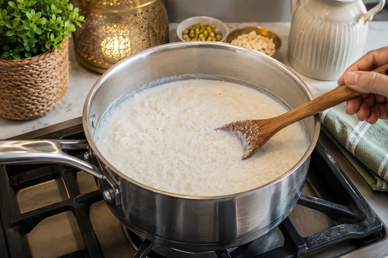Tender cooked rice simmering gently in low-fat milk in a saucepan as it develops a creamy consistency.