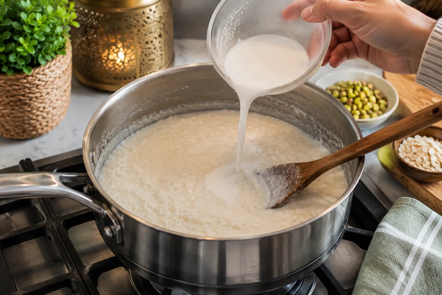 Smooth cornstarch slurry being incorporated into creamy rice pudding to thicken the mixture.