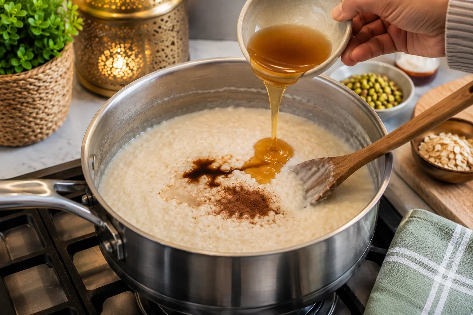Creamy Egyptian rice pudding being flavored with honey, vanilla, and ground cinnamon.