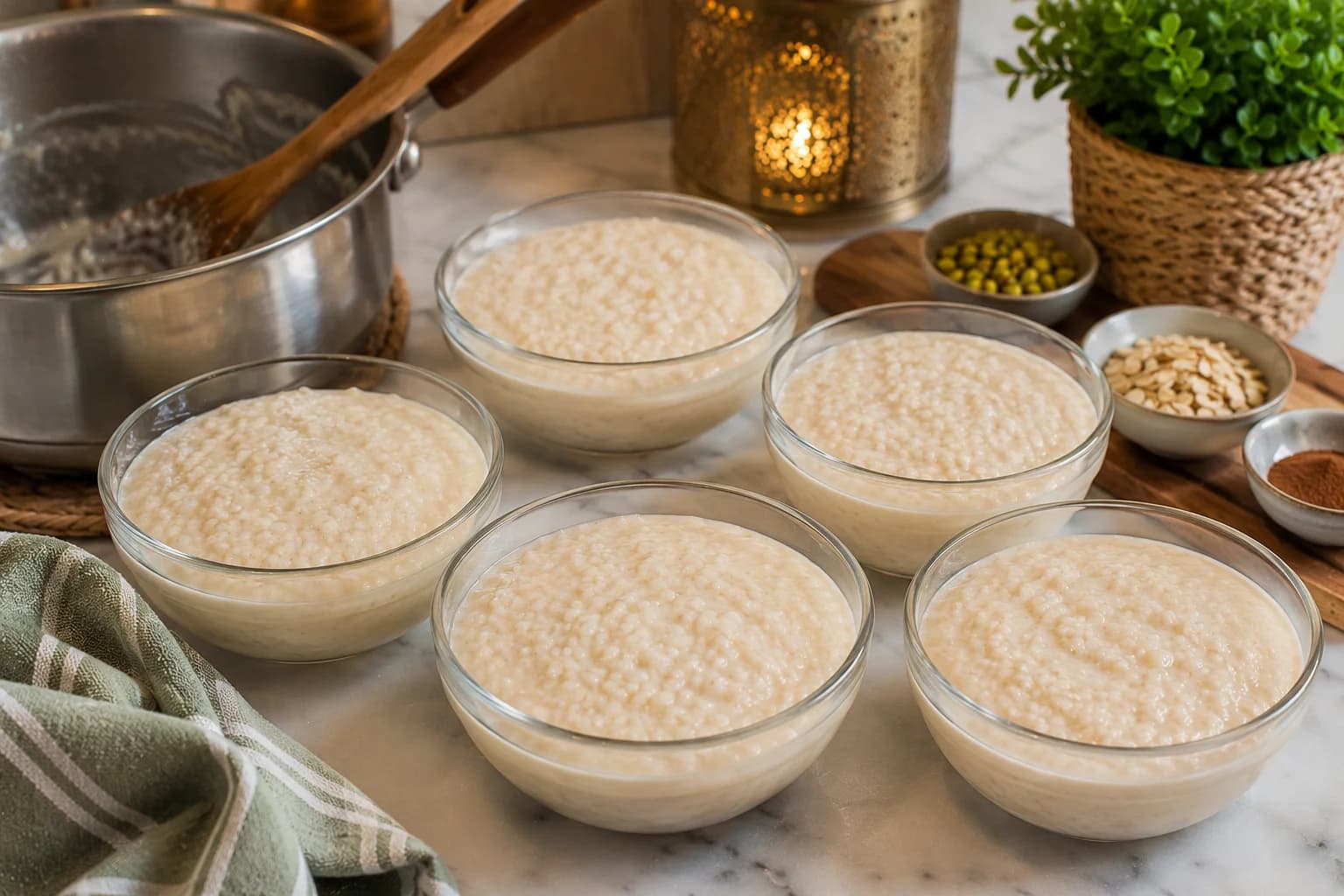 Six individual portions of creamy rice pudding cooling in serving bowls before being served or refrigerated.