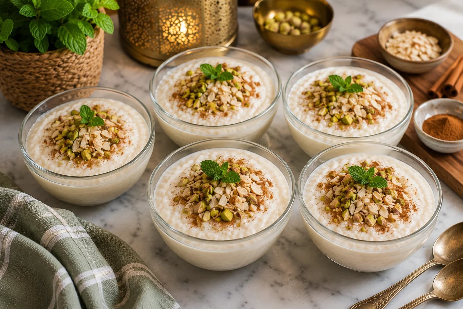 Creamy Egyptian rice pudding finished with chopped pistachios, sliced almonds, cinnamon, and fresh mint.