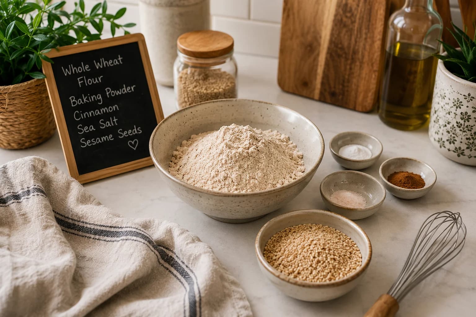Whole wheat flour, baking powder, cinnamon, salt, and toasted sesame seeds prepared in a stylish kitchen.