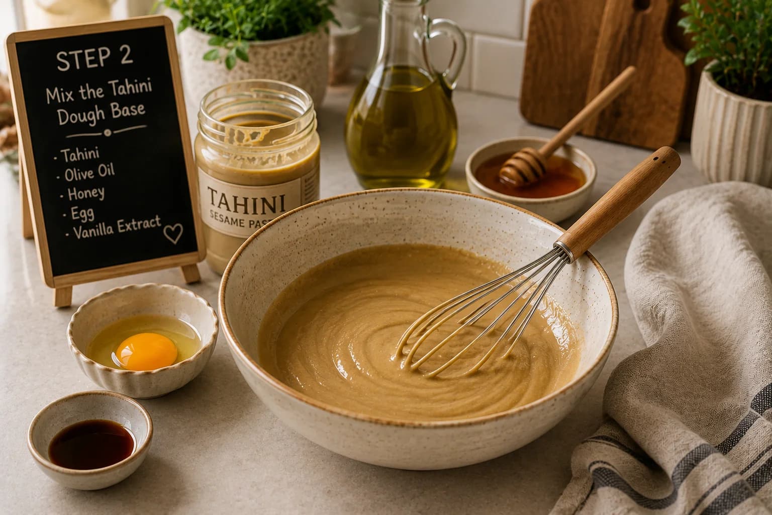 Tahini, honey, olive oil, egg, and vanilla being whisked together into a smooth cookie mixture in a stylish kitchen.