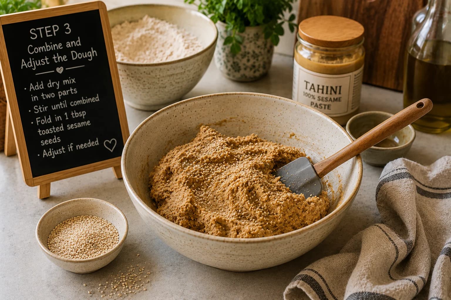 Soft cohesive whole wheat tahini cookie dough being gently mixed and adjusted in a bowl in a stylish kitchen.
