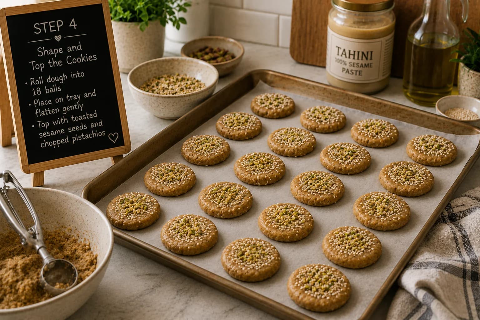 Evenly shaped tahini cookie dough rounds topped with toasted sesame seeds and chopped pistachios on a parchment-lined tray.