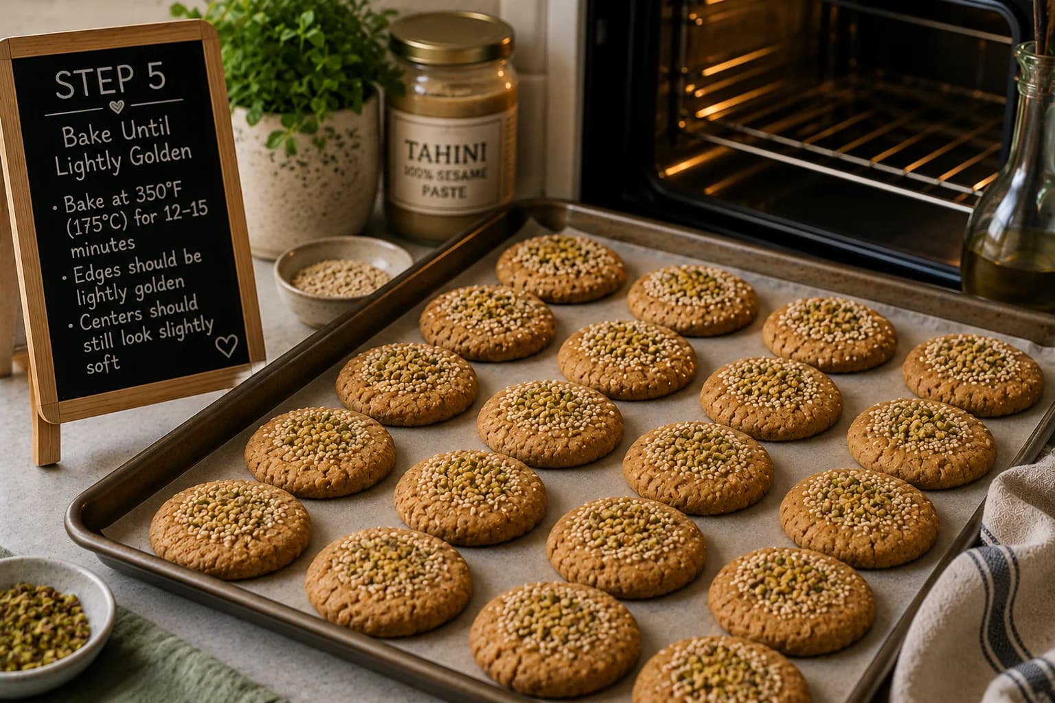 Freshly baked sesame tahini cookies with lightly golden edges and slightly soft centers in a stylish kitchen oven.