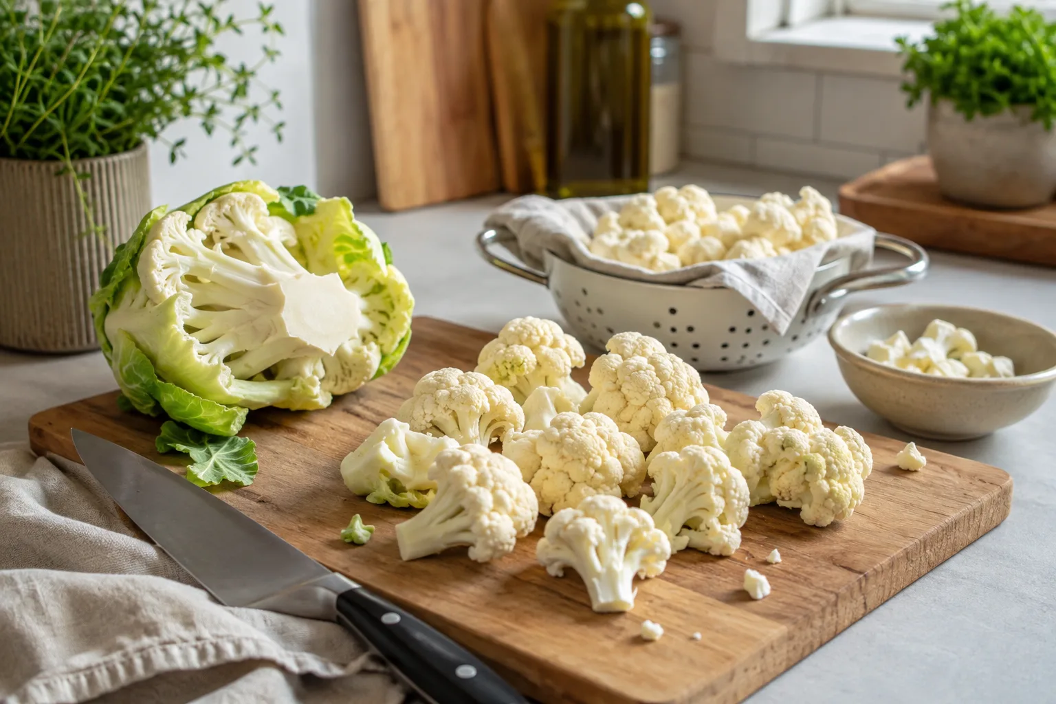 Fresh cauliflower being trimmed and cut into evenly sized florets before roasting.