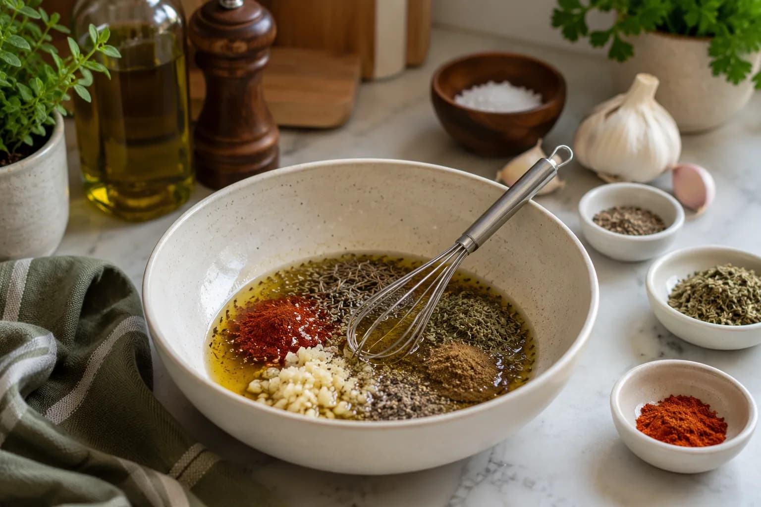Extra virgin olive oil mixed with minced garlic, paprika, oregano, thyme, cumin, salt, and black pepper.