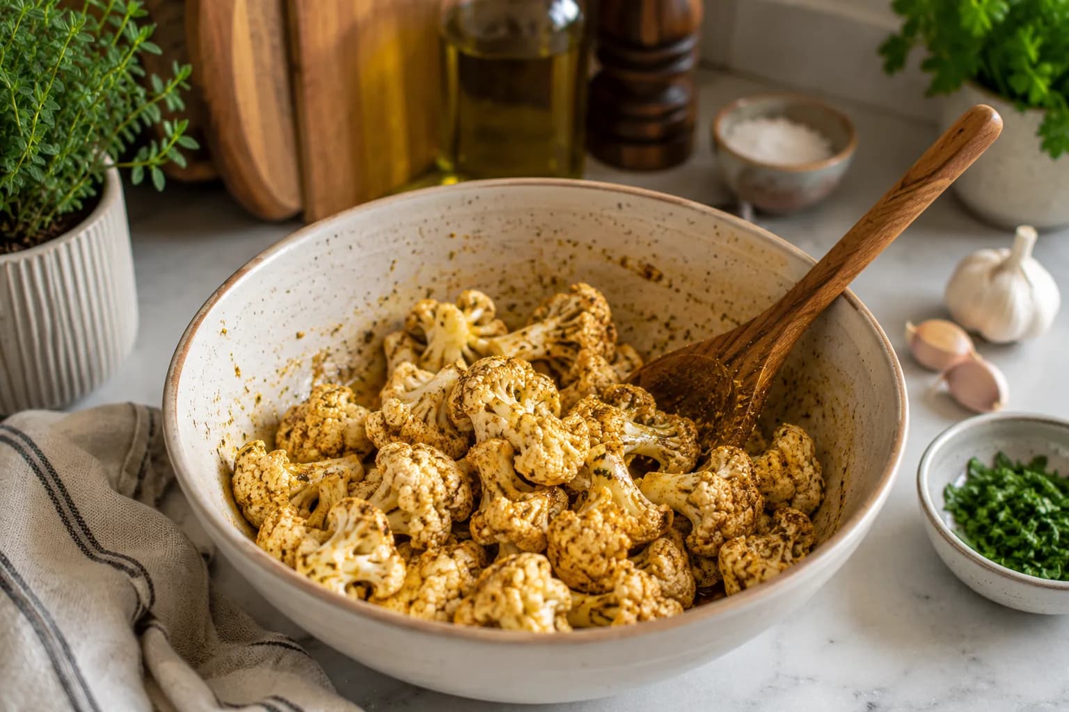 Cauliflower florets being evenly coated with olive oil, garlic, herbs, and Mediterranean spices.