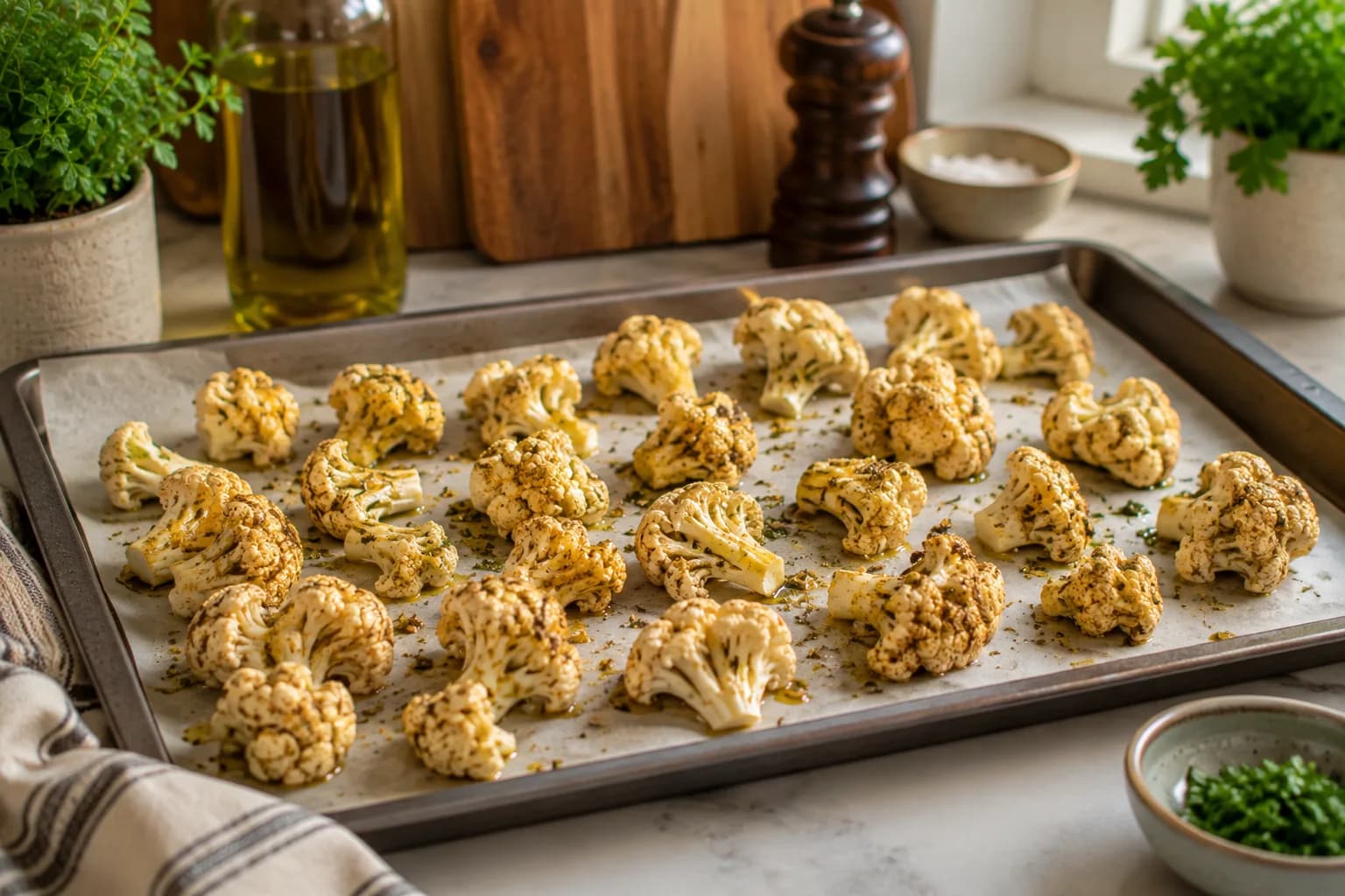 Seasoned cauliflower florets arranged in a single layer on a baking tray before roasting.