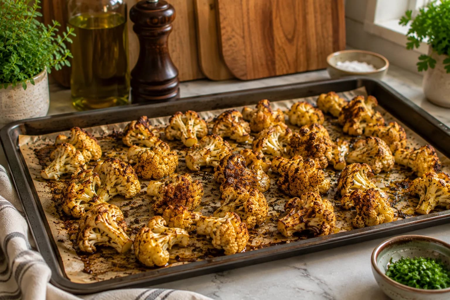 Cauliflower florets roasting until tender with deeply golden caramelized edges.