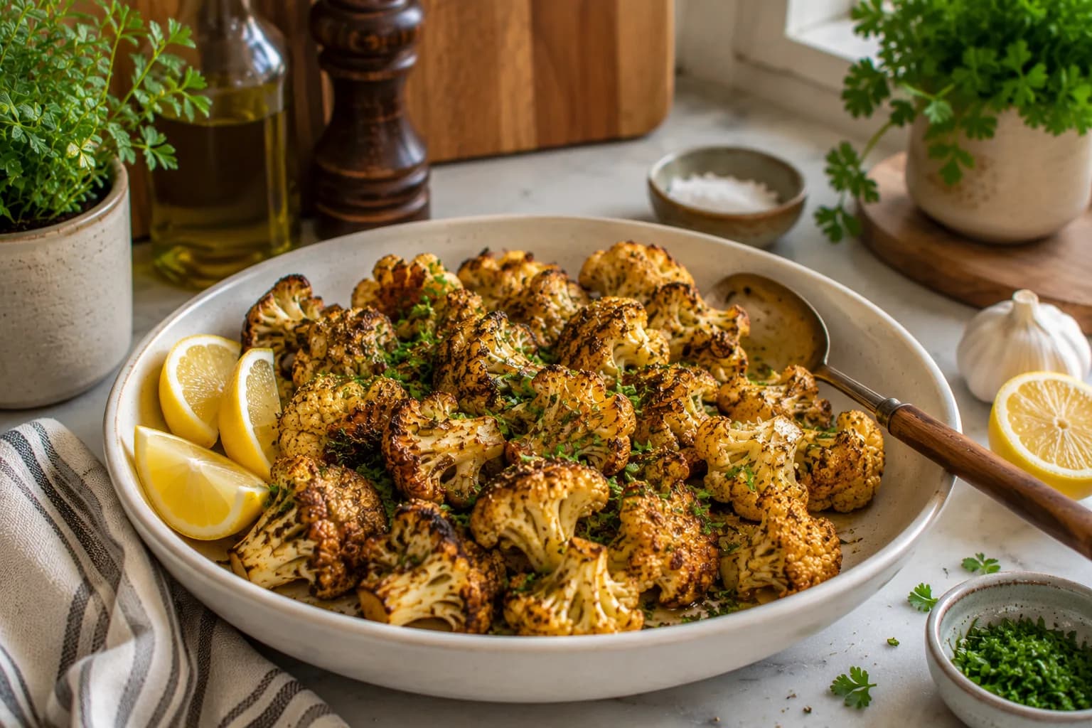 Finished golden herb-roasted cauliflower garnished with fresh parsley and served with lemon wedges.