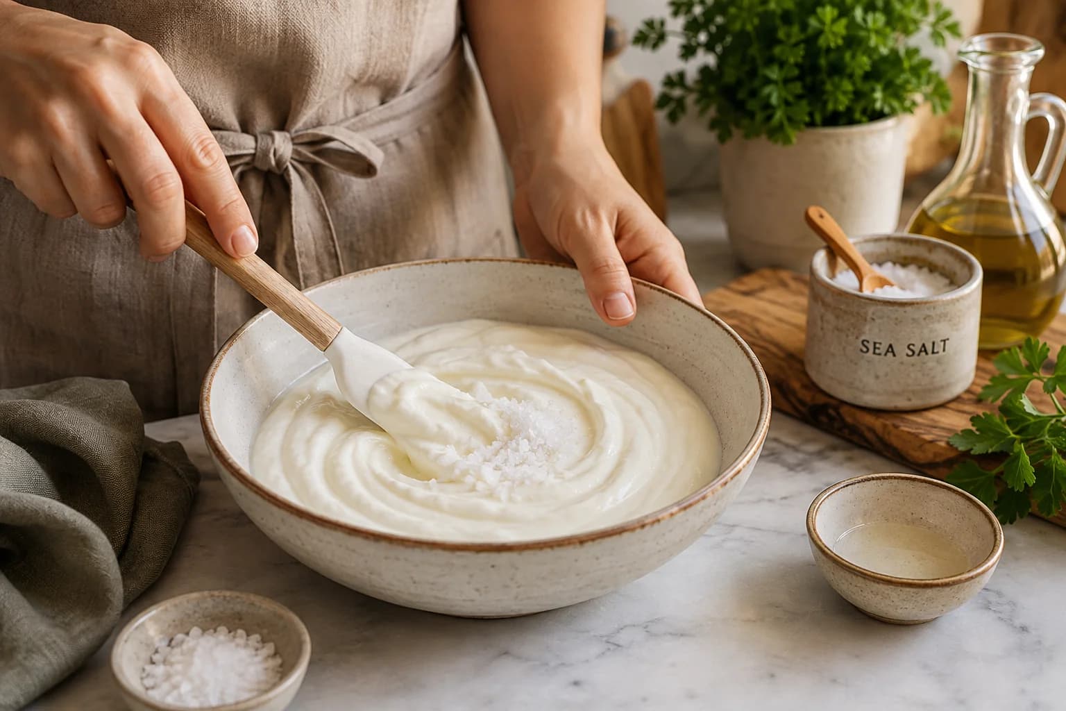 Plain full-fat yogurt being mixed with salt in a bowl before straining into homemade labneh.