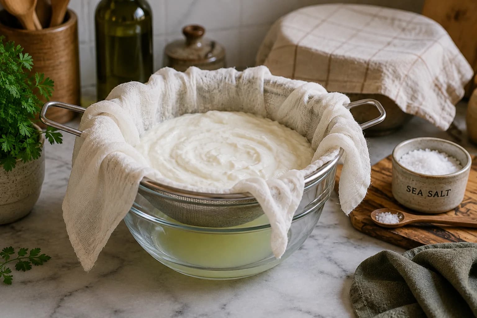 Salted yogurt draining through cheesecloth in a strainer over a bowl to make homemade labneh.
