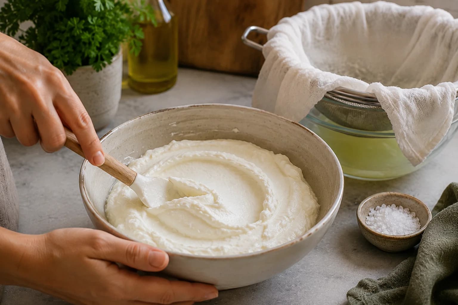 Thick homemade labneh being checked for a creamy spreadable consistency.