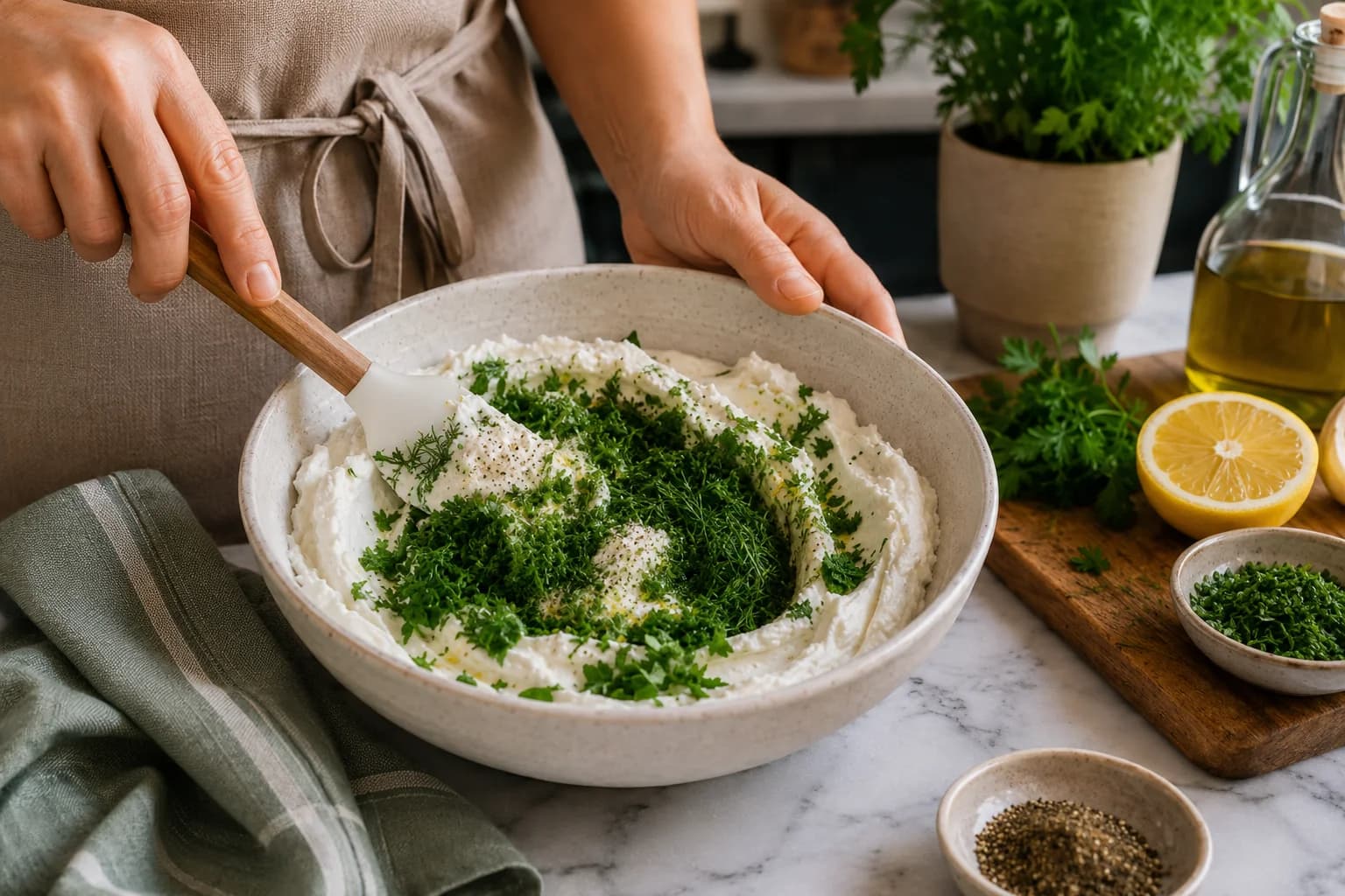 Thick labneh being gently mixed with chopped parsley, mint, dill, garlic, and lemon.