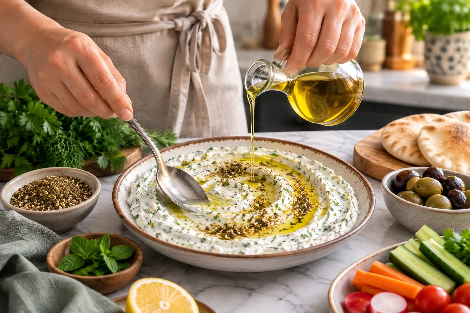 Herbed labneh spread in a shallow bowl with a spoon swirl, olive oil, and za'atar.
