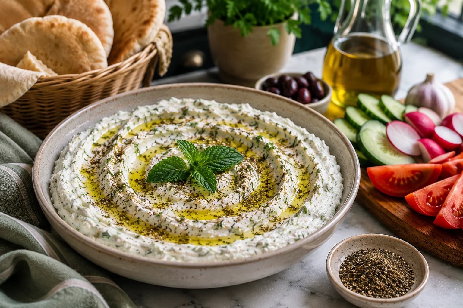 Finished Lebanese herbed labneh garnished with mint, olive oil, and za'atar and served with warm pita and fresh vegetables.