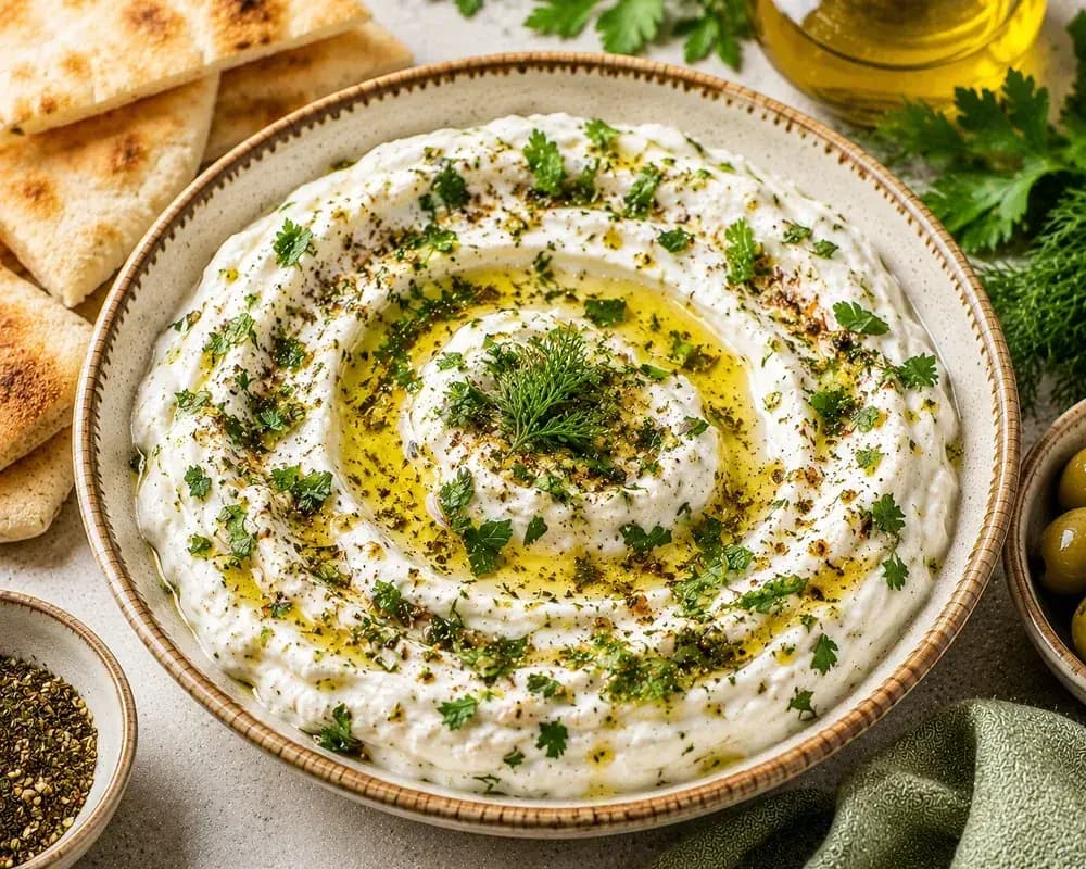 Creamy Lebanese herbed labneh spread in a shallow bowl with a spoon swirl, olive oil, za'atar, fresh mint, and herbs, served with warm pita and fresh vegetables.