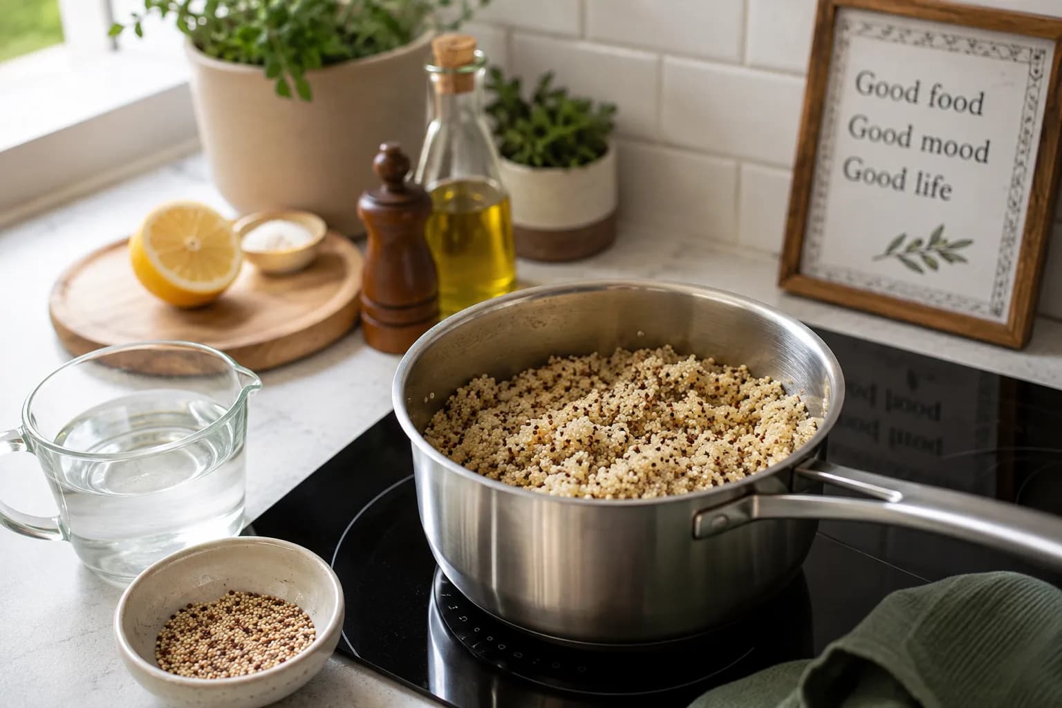 Cooked quinoa being fluffed with a fork in a saucepan, prepared as the grain base for a Mediterranean hummus power bowl.