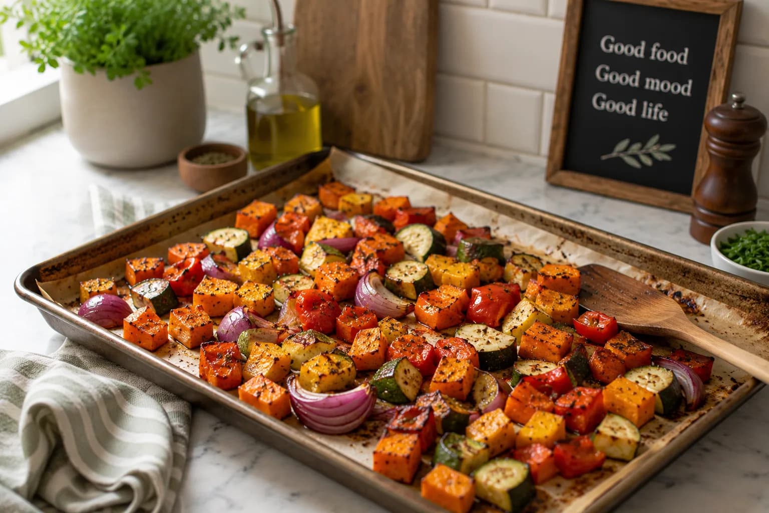 Zucchini, red bell pepper, and red onion coated with olive oil and arranged in a single layer on a parchment-lined baking tray before roasting.