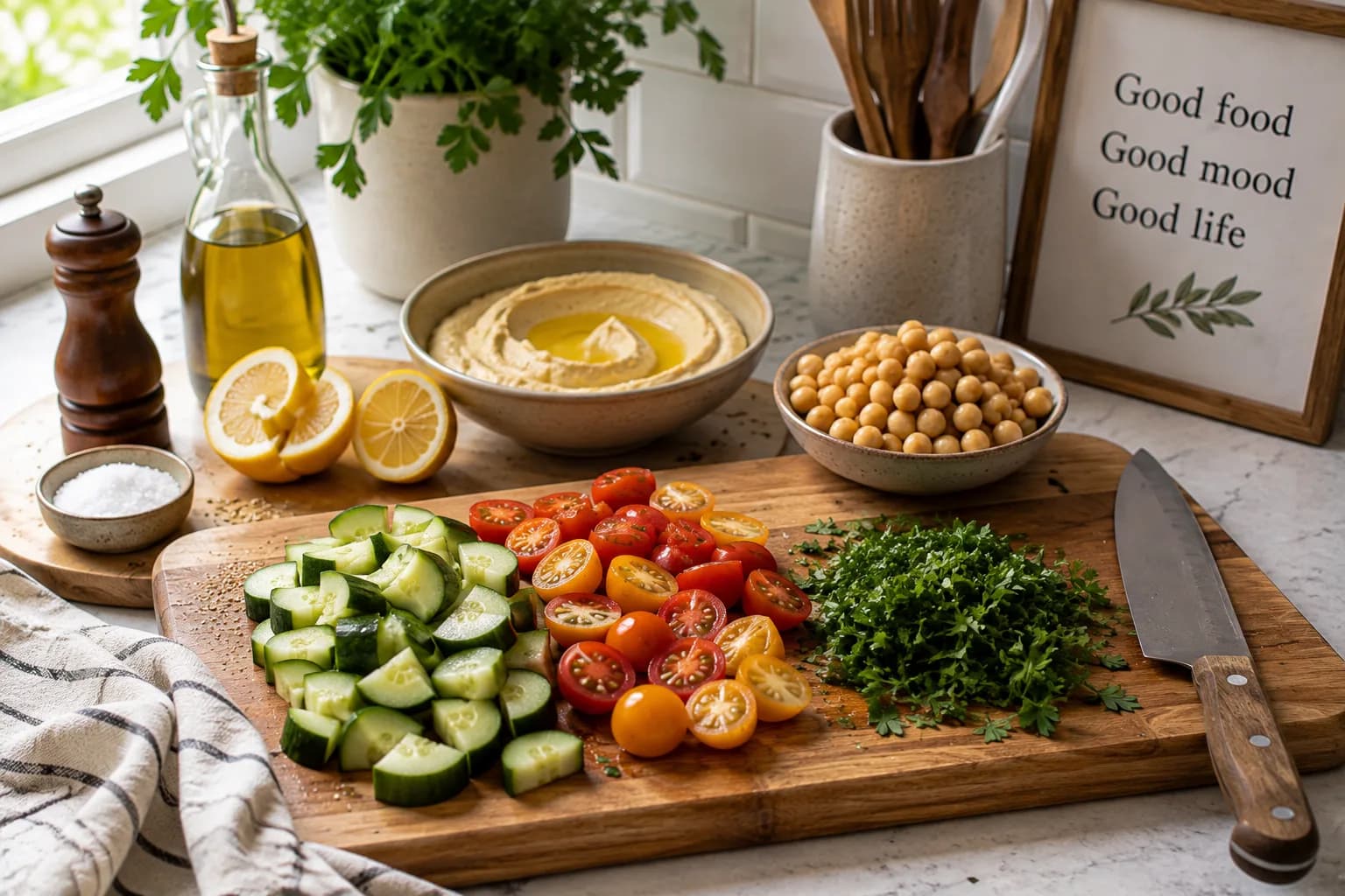 Fresh cucumber, cherry tomatoes, and chopped parsley prepared for assembling a Mediterranean hummus power bowl.