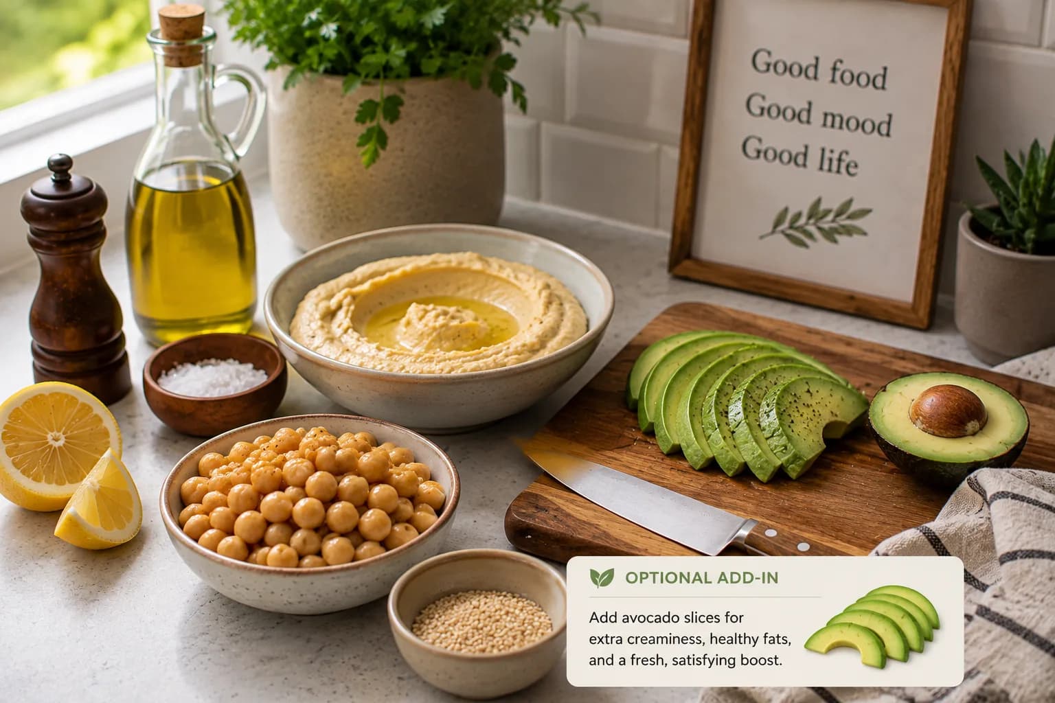 Creamy hummus and drained chickpeas prepared for assembling a Mediterranean hummus power bowl.