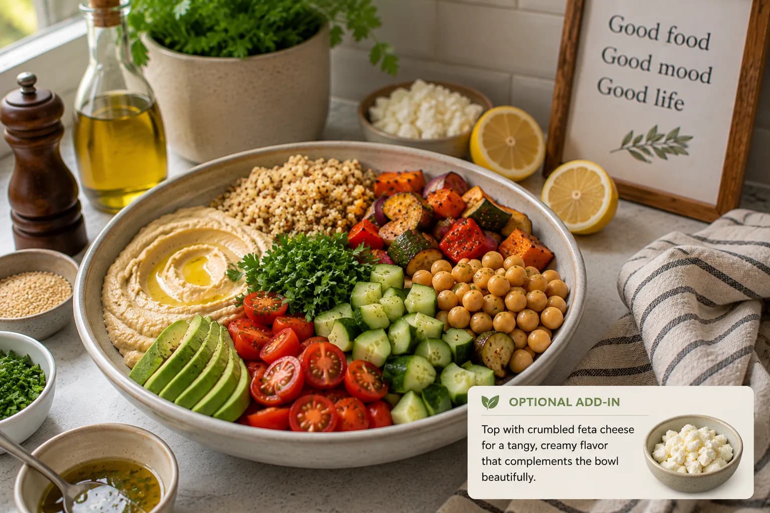 Mediterranean hummus power bowl being assembled with hummus, quinoa, chickpeas, roasted vegetables, cucumber, and tomatoes.