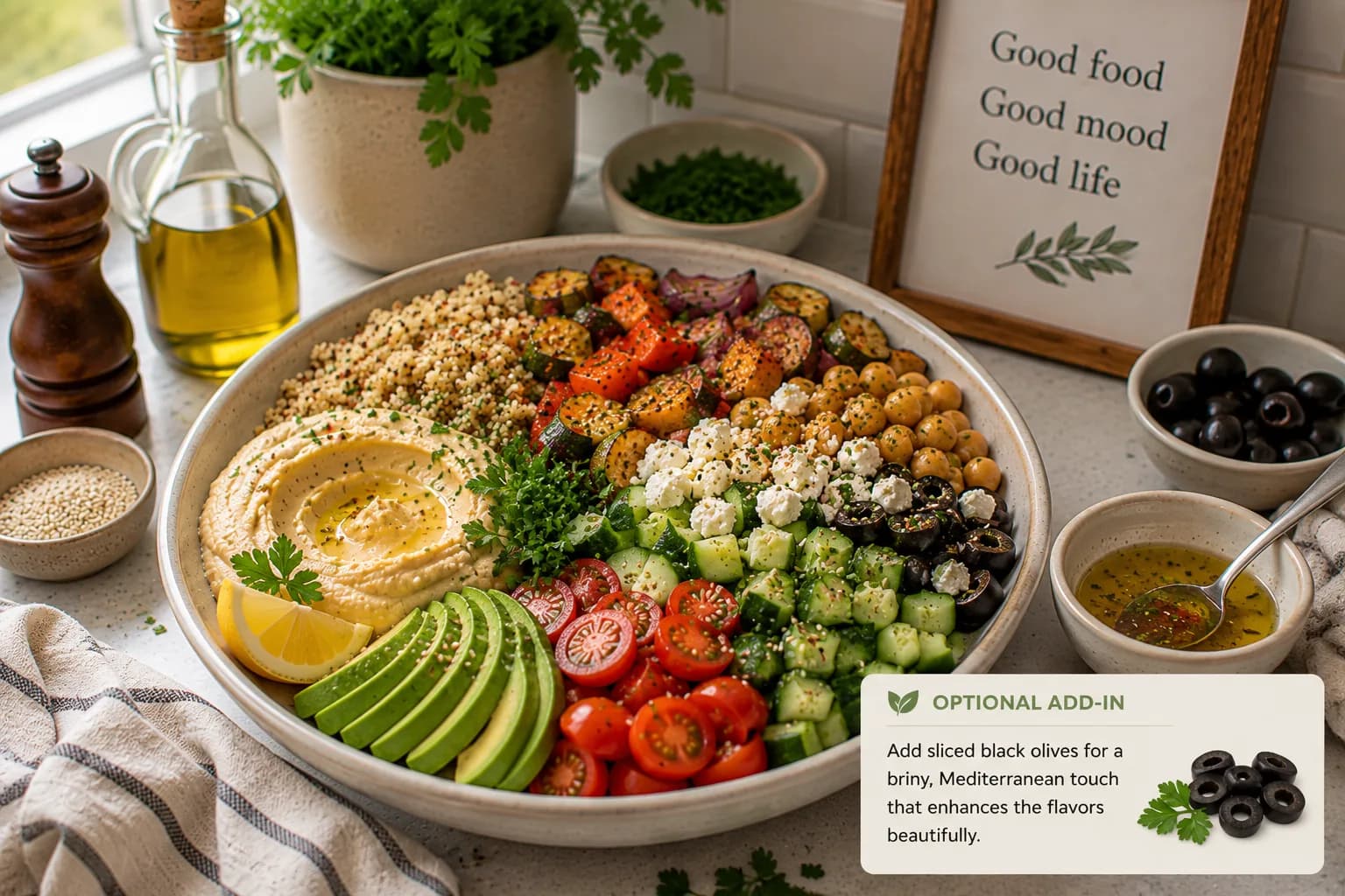 Finished Mediterranean hummus power bowl garnished with parsley, sesame seeds, lemon, and extra virgin olive oil.
