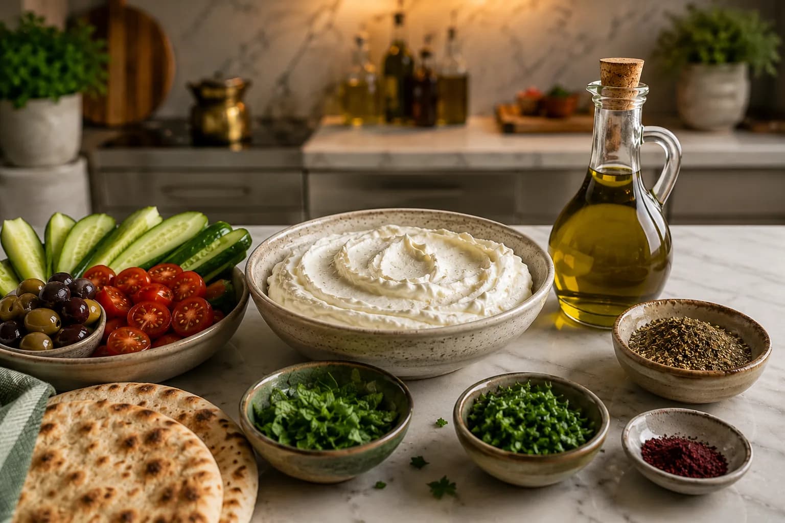 Thick labneh and Lebanese breakfast ingredients arranged in a stylish kitchen before assembly.