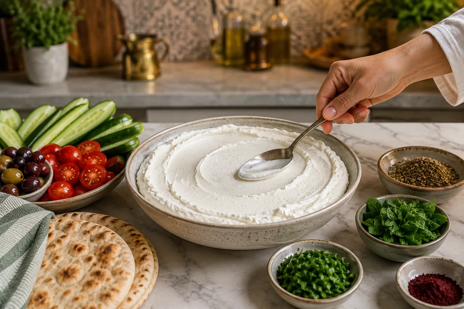 Thick labneh being spread into a shallow serving plate.