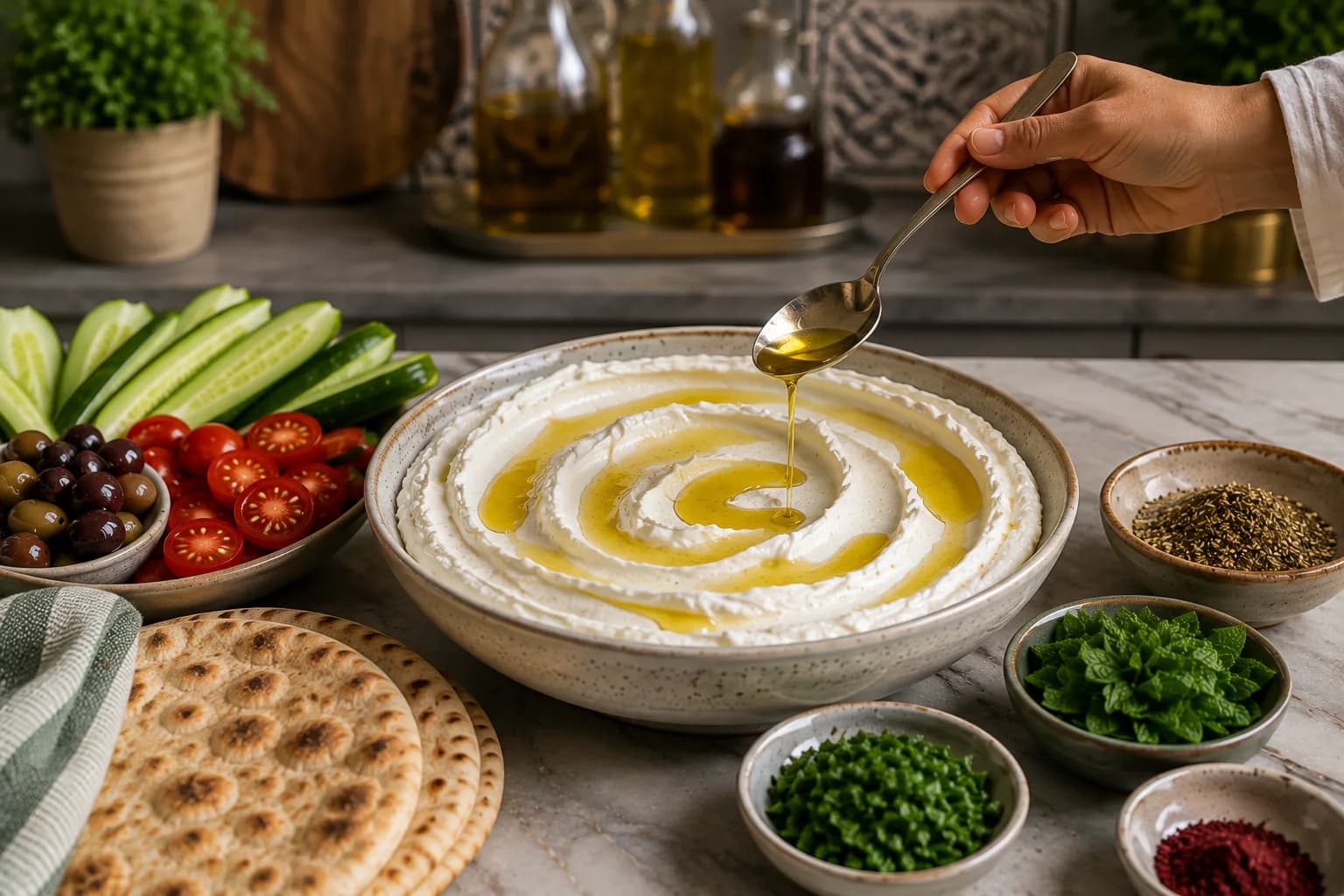 Spoon creating gentle swirls across a thick layer of labneh.