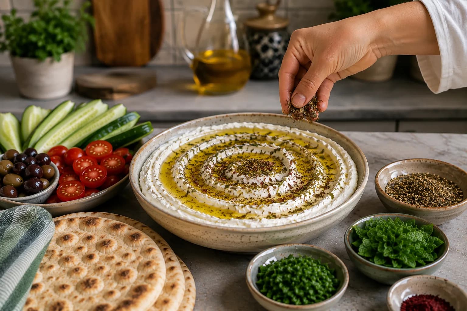 Lebanese labneh topped with extra virgin olive oil and evenly scattered za'atar.