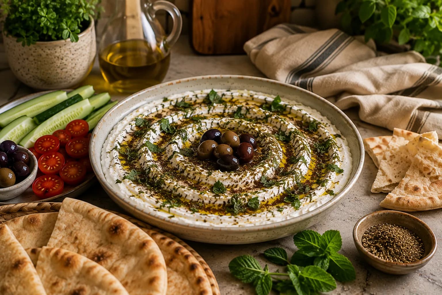 Labneh topped with fresh herbs and surrounded by cucumber, tomatoes, and olives.