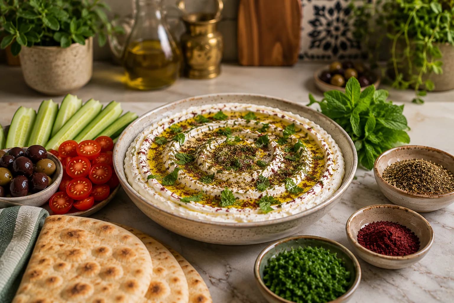 Finished Lebanese labneh with za'atar, olive oil, vegetables, olives, herbs, and warm pita in a stylish kitchen.