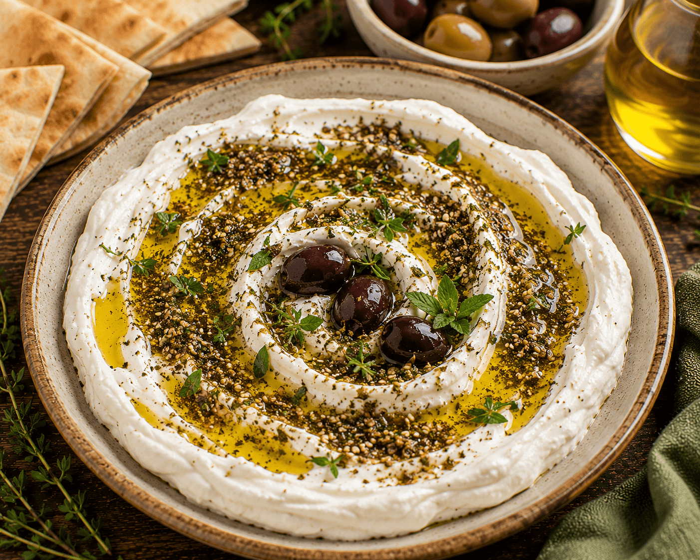 Creamy labneh topped with za'atar, olive oil, fresh mint, olives, cucumber, tomatoes, and warm pita bread.