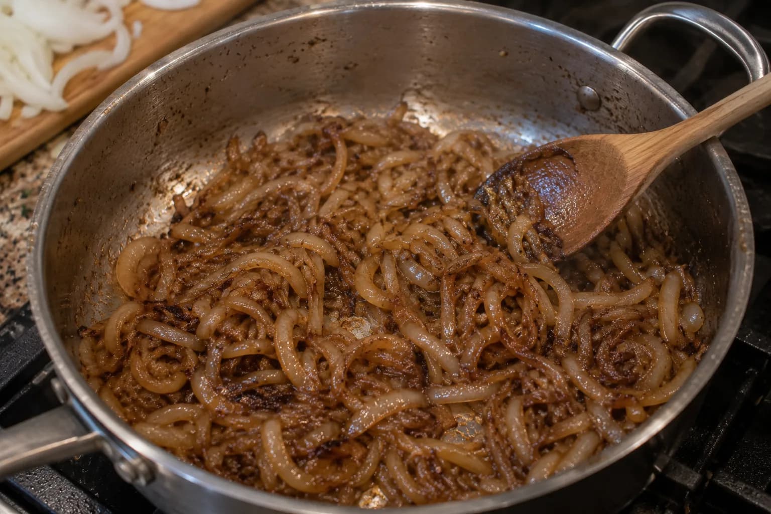 Thinly sliced onions slowly caramelizing in olive oil until deeply golden for Mujadara.