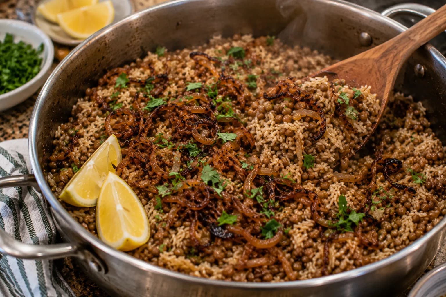 Finished Lebanese Mujadara topped with caramelized onions and parsley and served with lemon wedges.